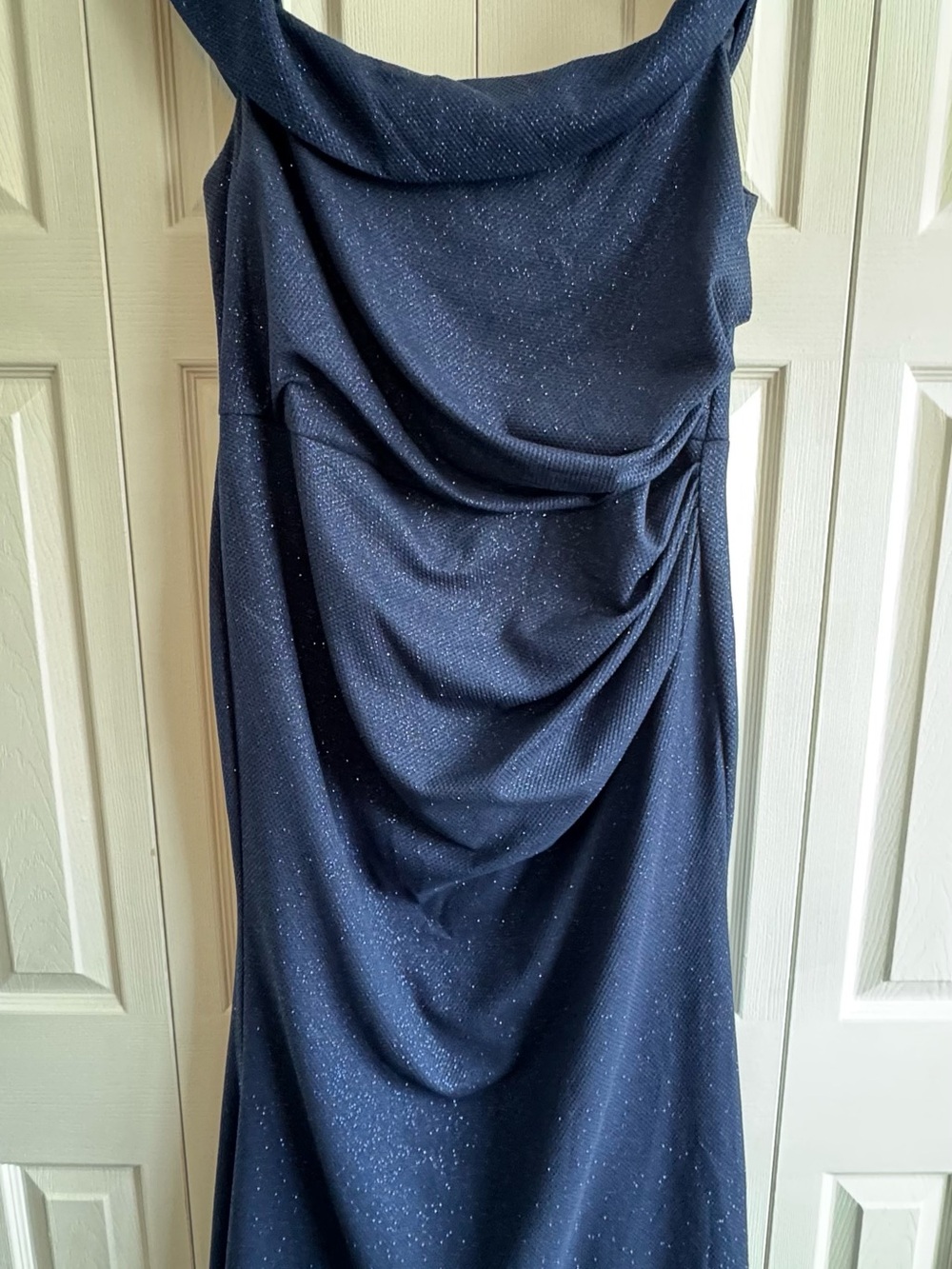 Oleg Cassini Sparkling Navy Strapless Draped Gown